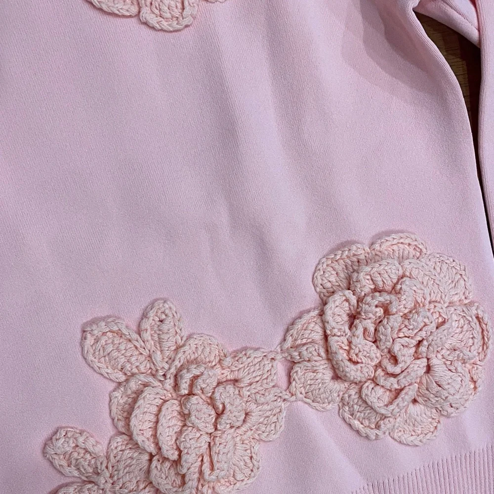 Aleeza Paris Pink Women's Crew Neck Sweater with knit flower detail size XSmall - Picture 3 of 5